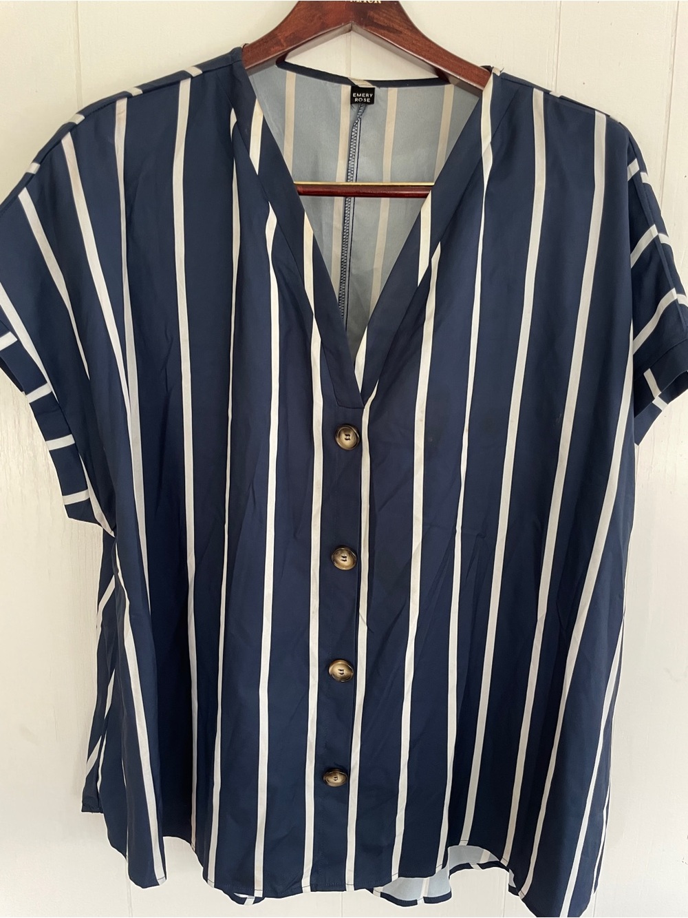 Women’s Navy and White Striped Button-Front V-Neck Blouse Size-Large